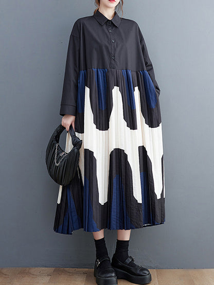 A-line Long Sleeves Contrast Color Pleated Printing Split-joint Polo Midi Dresses