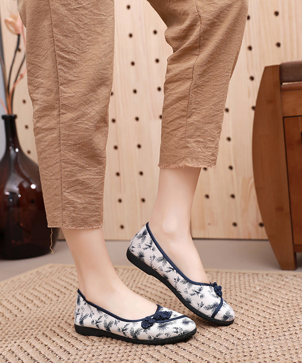 Embroideried Flats Beige Cotton Fabric Flat Shoes for