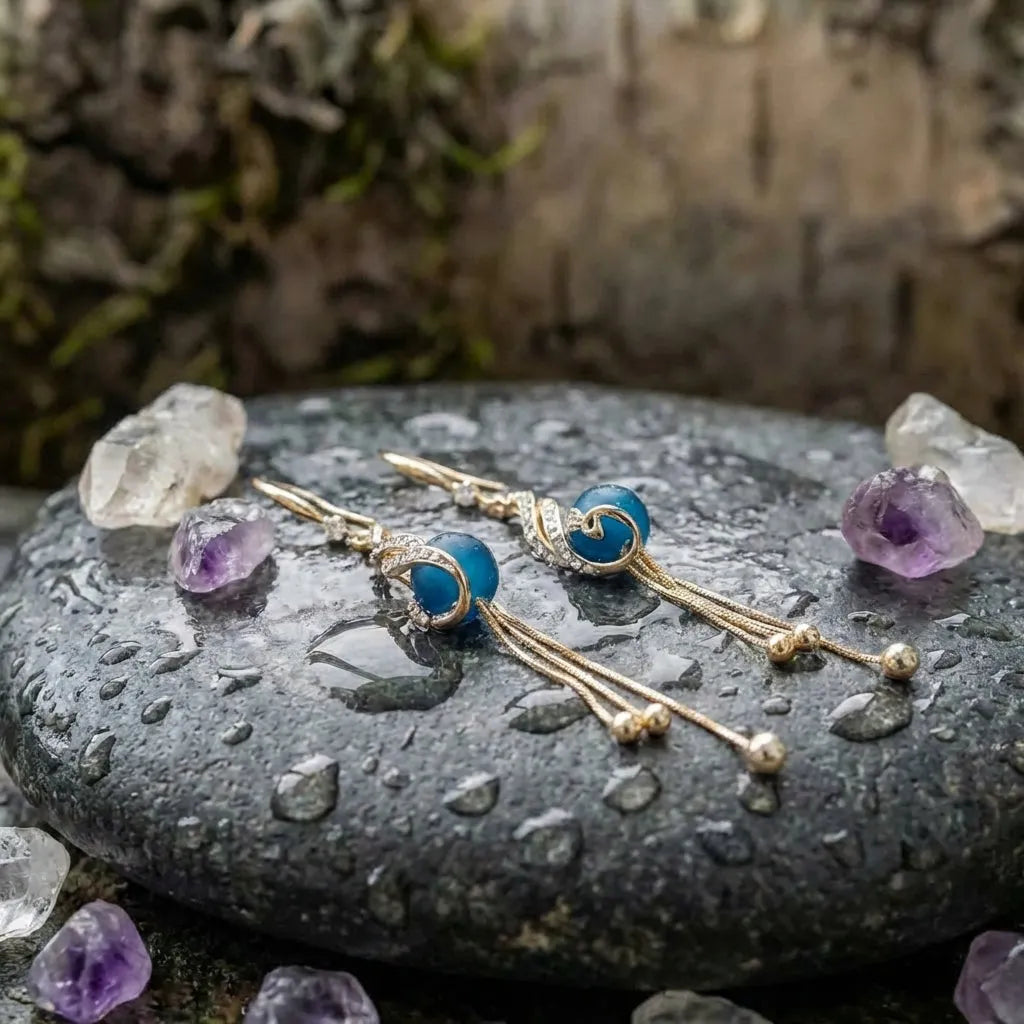Festive Earrings With Blue Pearls