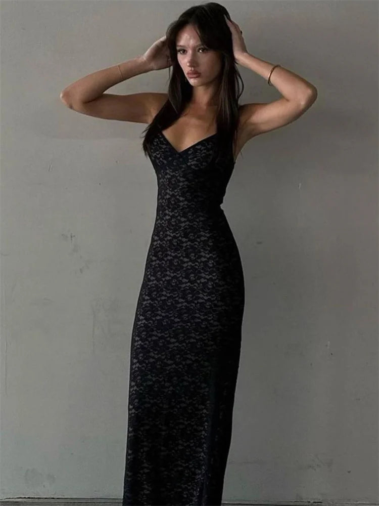 Lace Hollow Out Backless Maxi Dress Slim V-neck See-through High Street Summer Party Dress Slim Dress