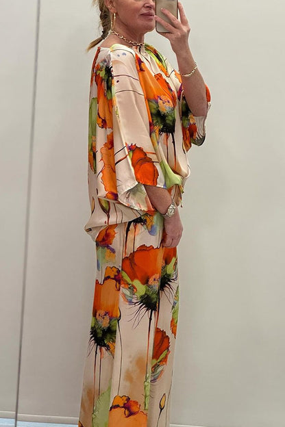 Satin Botanical Print Crew Neck Top and Elastic Waist Loose Pocket Pants Set