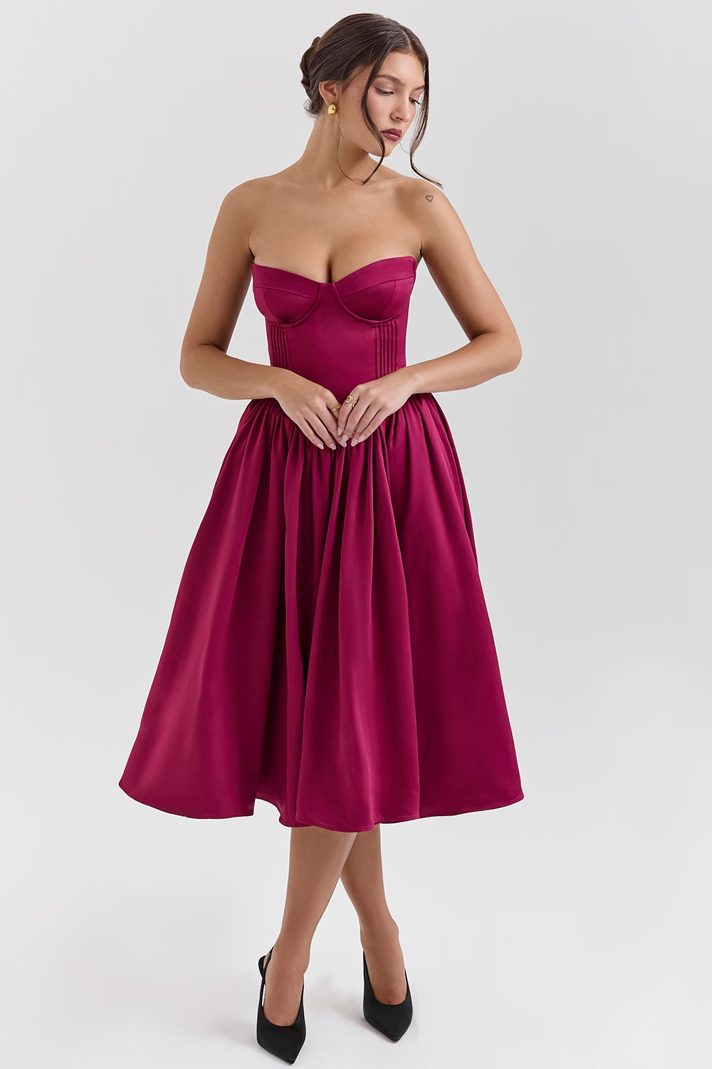 Burgundy Satin Tulle Midi Dress -