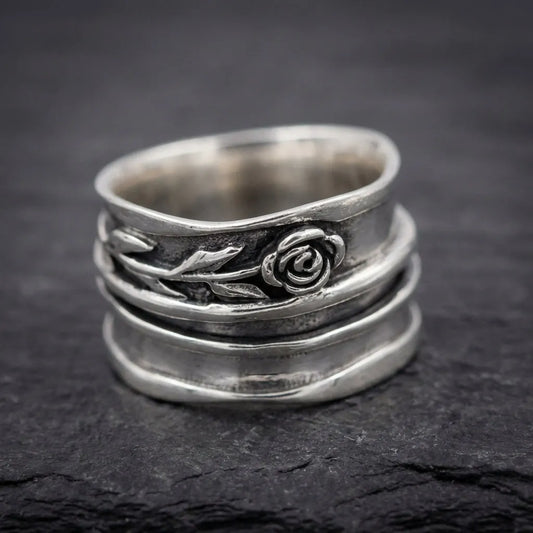 Silver Floral Engraved Statement Ring