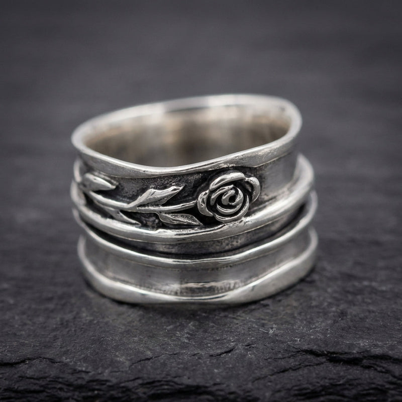 Silver Floral Engraved Statement Ring