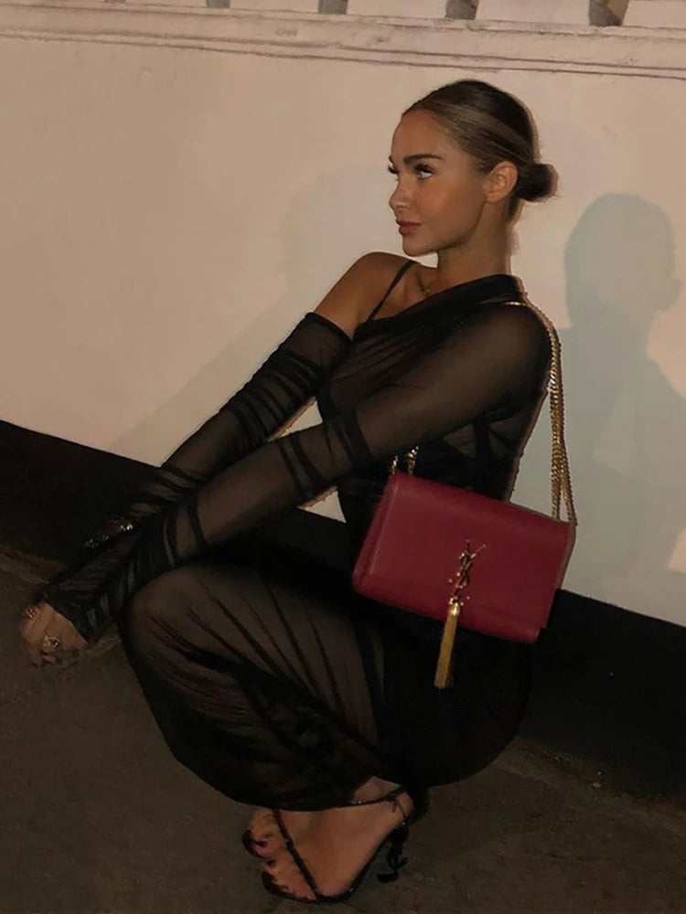 Mesh See Through Dress 3 Piece Set Female Clothing Slim Camisole Black Bodycon Skirts