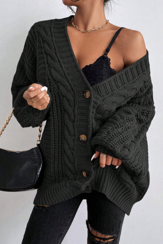 V-neck Cable Knit Balloon Sleeve Cardigan