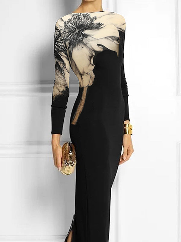 Bodycon Long Sleeves Printed Boat Neck Maxi Dresses