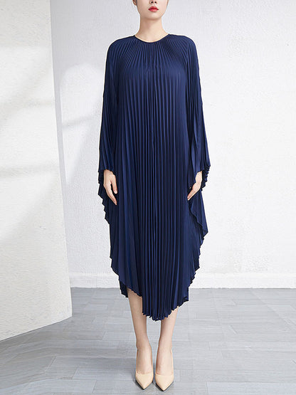 Urban Flared Batwing Sleeves Pleated Color Round-neck Midi Dresses