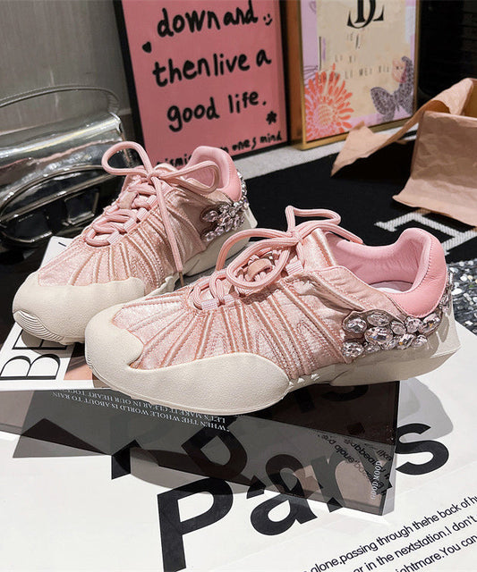Pink Canvas Lace Up Zircon Splicing Flat Shoes for