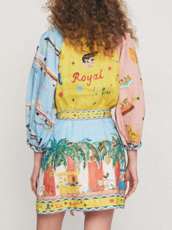 Unique Satin Art Print Tie Pocket Shirt Mini Dress