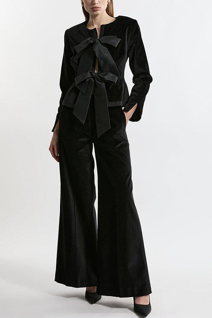 Cue the Cocktails Velvet Grosgrain Detail Pocketed Wide Leg Pants