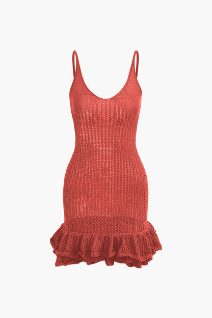 Color Open Knit Ruffle Hem Cami Mini Dress