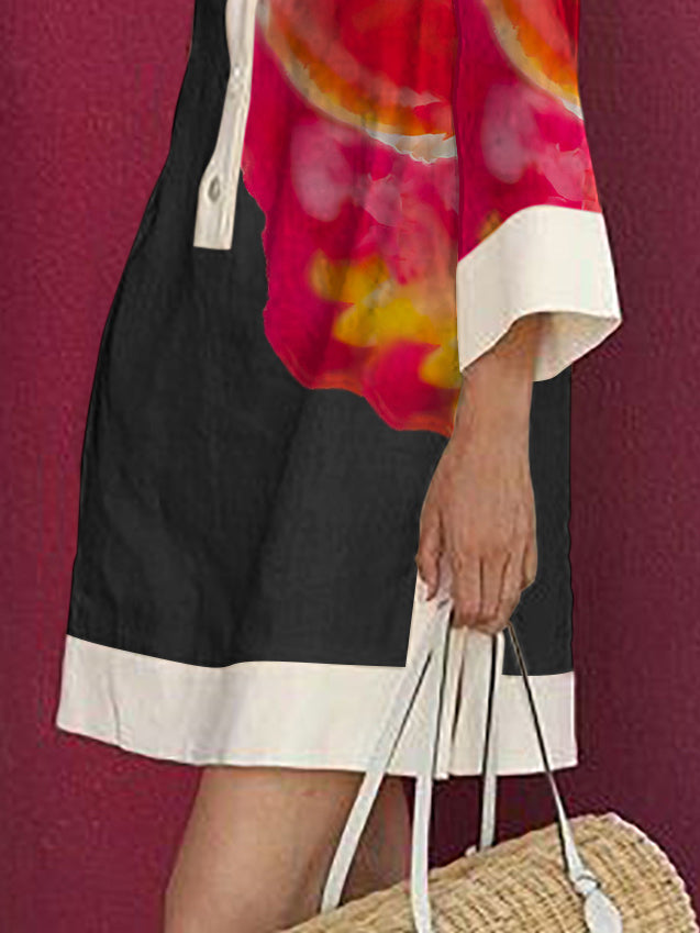 Loose Three-quarter Sleeves Buttoned Contrast Color Flower Print Lapel Mini Dresses Shirt Dress
