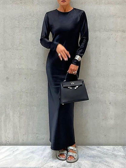 Loose Long Sleeves Color Round-neck Maxi Dresses