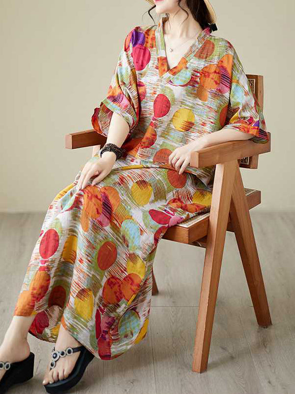 Batwing Sleeves Half Sleeves Contrast Color Polka-dot V-neck Maxi Dresses