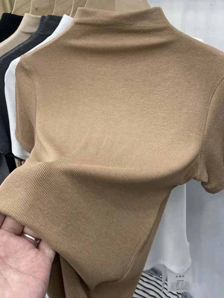 Threaded Short Sleeves T-shirts Summer New Turtleneck Slim Elastic Long-sleeved Female Buttoming Pulls Top Tees