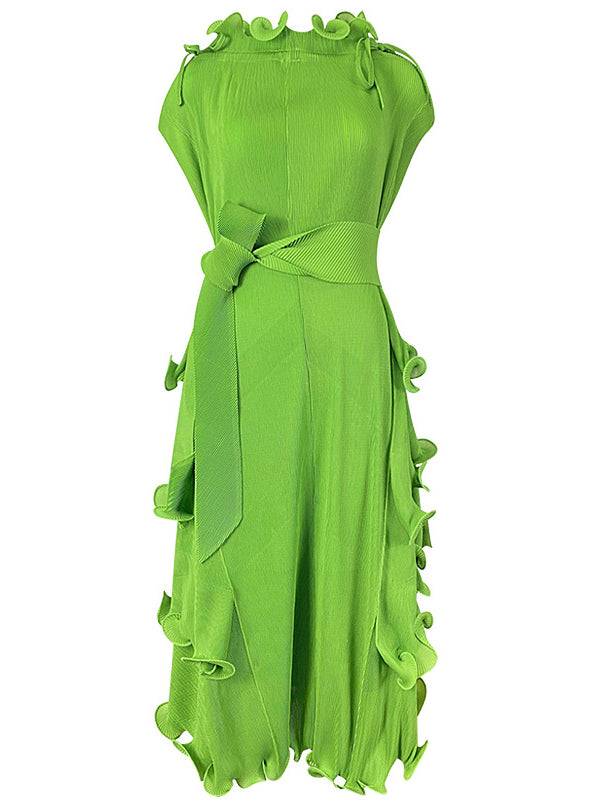 Loose Bandage Lacy Color High-neck Midi Dresses