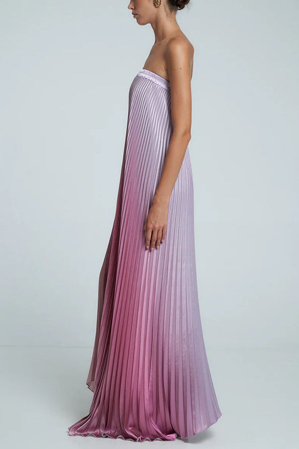 Styling Satin Pleated Elastic Bust Strapless A-line Gown Maxi Dress