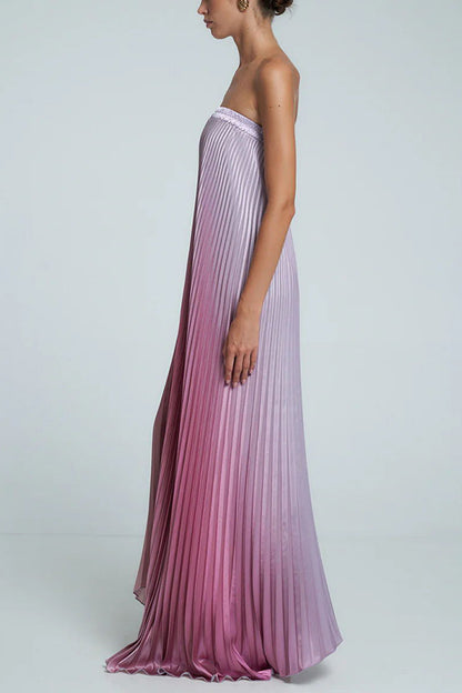 Styling Satin Pleated Elastic Bust Strapless A-line Gown Maxi Dress