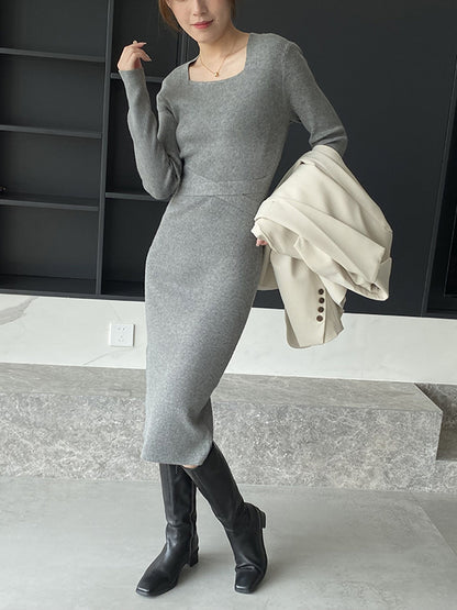 Simple Skinny Long Sleeves Color Square-neck Sweater Dresses