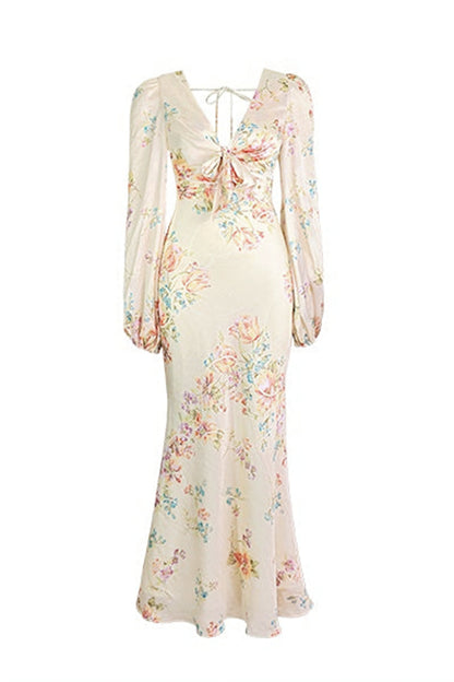 Melissa Print V-neck Satin Maxi Dress