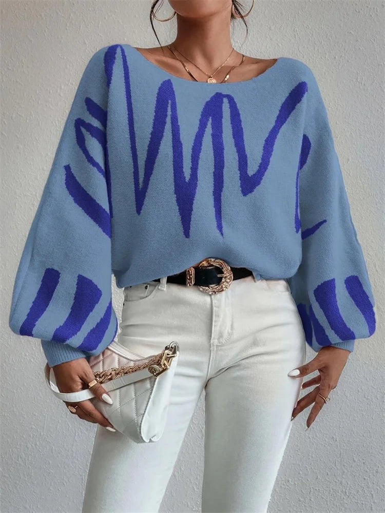 Off Shoulder Sweater for Batwing Sleeve Pullover Knit Loose Jumper Tops Art Printed Spring New Oversized Sweaters
