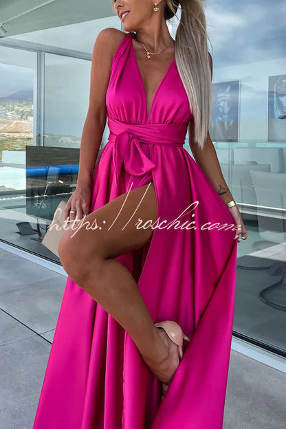 Different Effects Satin Free Tie Neck Slit Maxi Dress