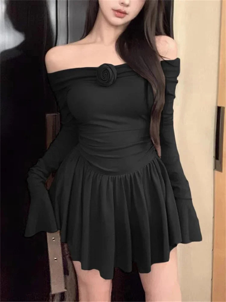 Splice Flower Bodycon Mini Dress for Ruffled Folds High Waist Dresses Femme Off Shoulders Slim Dress Woman