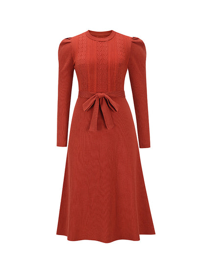 High Waisted Long Sleeves Color Tied Waist Round-neck Midi Dresses Sweater Dresses