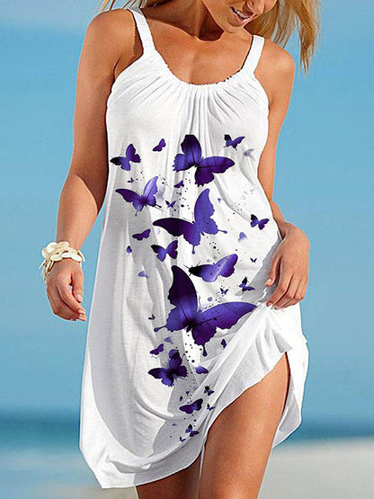 A-line Loose Butterfly Print Pleated Spaghetti-neck Mini Dresses