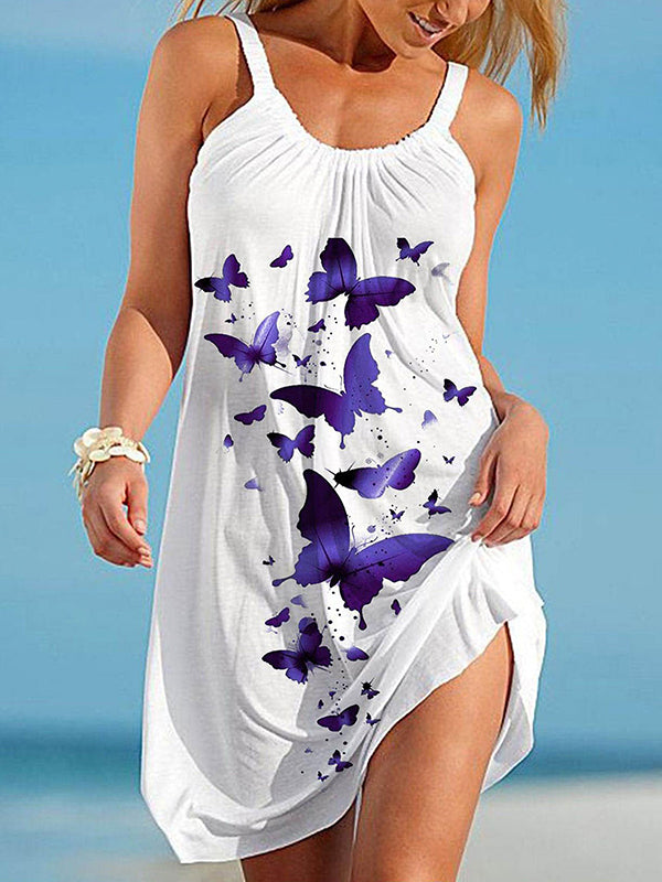 A-line Loose Butterfly Print Pleated Spaghetti-neck Mini Dresses