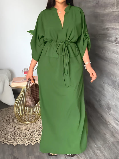 Loose Drawstring Color Split-side V-neck Maxi Dresses