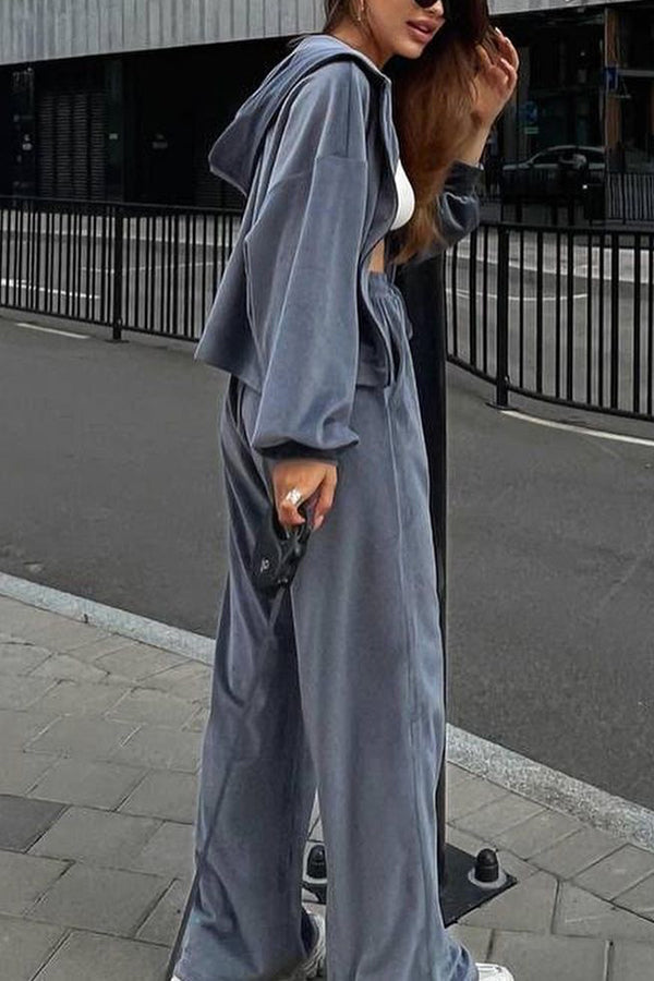 Velvet Zip-up Hooded Top and Elastic Waist Wide Leg Pants Set