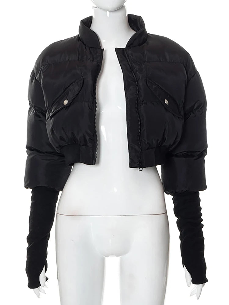 Winter Parkas Coats Long Sleeve Zipper Puffer Jacket Black High Collar Down Warm Coat Clothing