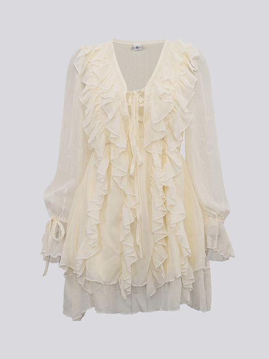A-line High Waisted Ruffle Trim Color Tied V-neck Mini Dresses