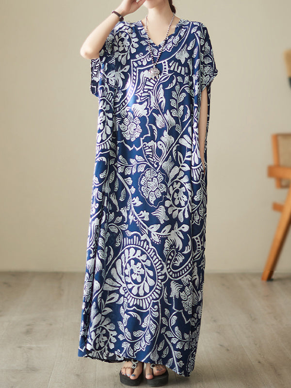 Loose Short Sleeves Printed V-neck Maxi Dresses