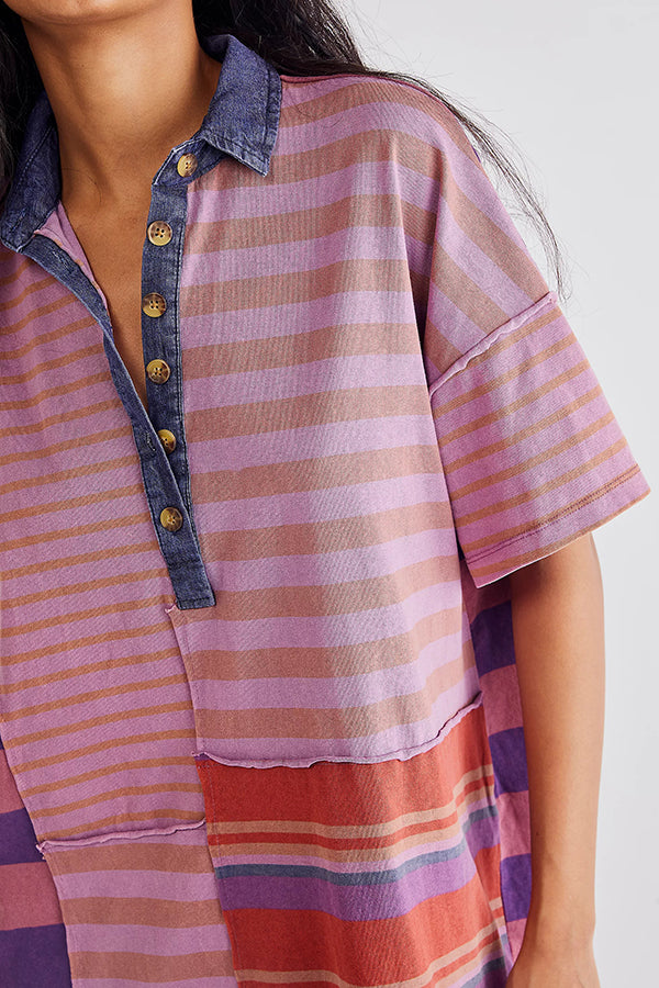 Contrast Striped Patchwork Denim Lapel Loose Mini Dress
