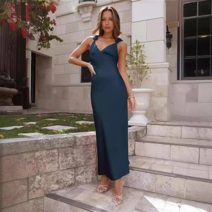 Satin Bow Backless Suspender Mini Dress