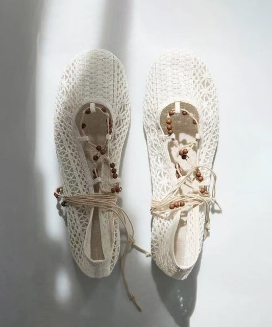 New White Knit Fabric Lace Up Hollow Out Flat Shoes