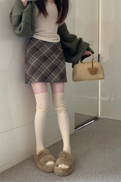 Wool Plaid High Waist A-line Skirt