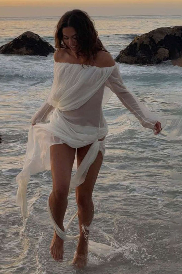Mesh Sheer Off Shoulder Ruched Maxi Dress