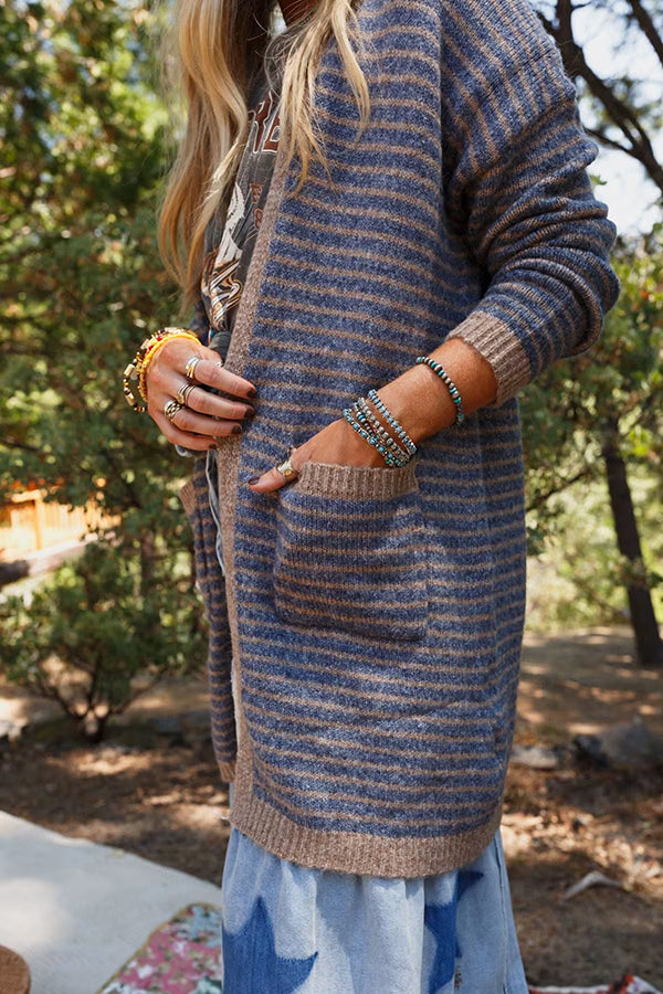 Contrast Striped Loose Long-sleeved Mid-length Knitted Cardigan