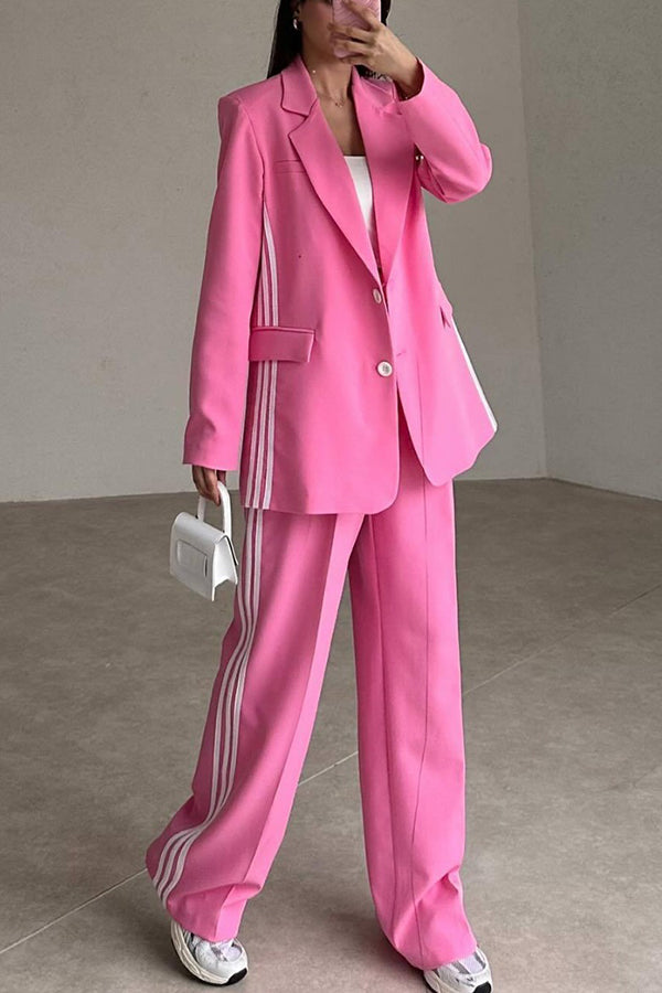 Fresh and Style Striped Trim Lapel Blazer and High Rise Pocket Loose Pants Set