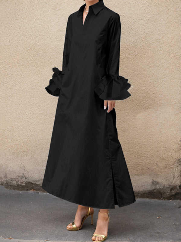 A-line Flared Sleeves Buttoned Color Split-joint Split-side Lapel Maxi Dresses