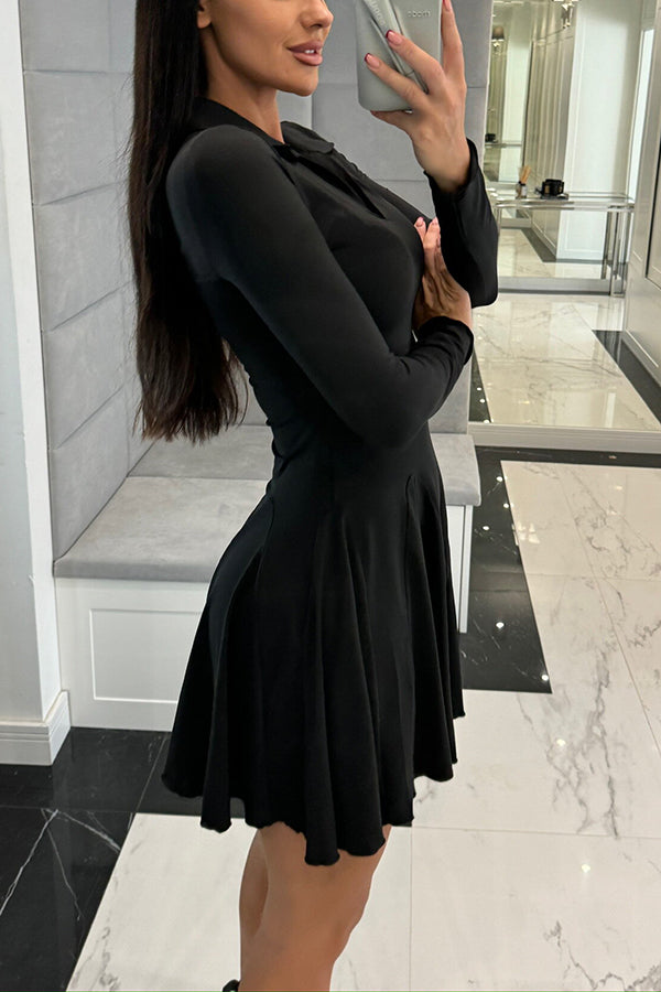 Color Lapel Long Sleeve Slim Fit Waist Mini Dress