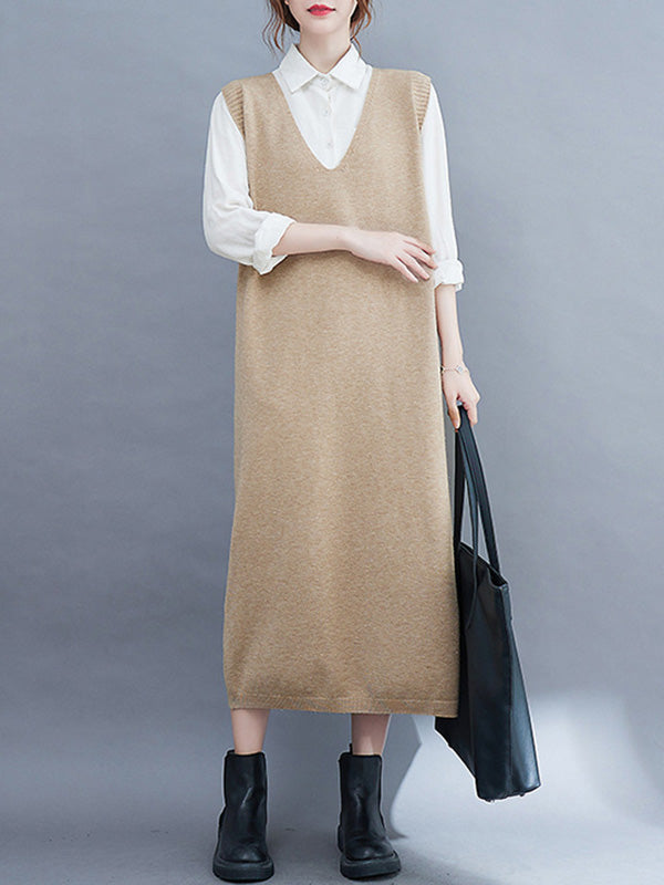 Color Knitting V-neck Sleeveless Sweater Dress