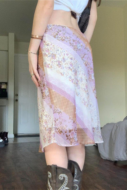 Mesh Spliced Print A-line Maxi Skirt