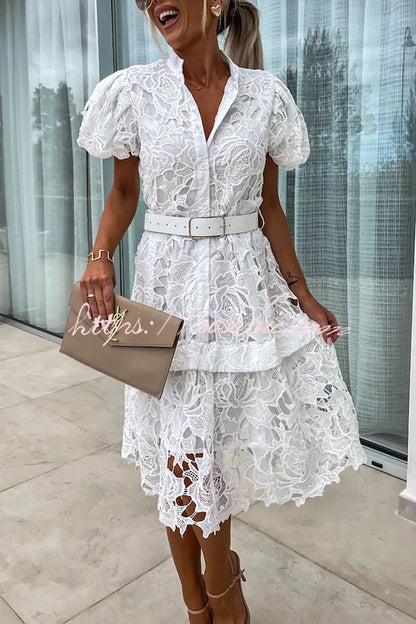 Absolutely Crochet Lace Puff Sleeve Belted Shirt Midi Dress