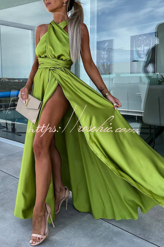 Different Effects Satin Free Tie Neck Slit Maxi Dress