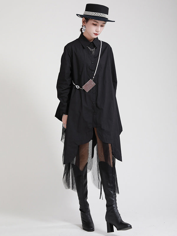 Urban Loose Split-joint Lapel Long Sleeves Midi Dress